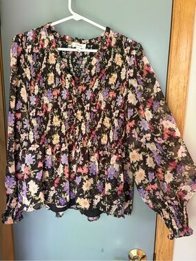 CeCe Black Floral Smocked V-Neck Blouse